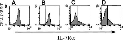 Fig. 3. Alloreactive donor T cells in recipients undergoing GVHD express no IL-7R. / Lethally irradiated (1300 cGy) CBA/J recipients (3 months old) received B10.BR TCD BM cells (5 × 106) + splenic T cells (0.5 × 106). Osmotic minipumps were used for continuous subcutaneous administration of 1 μg/d IL-7 or PBS (control) from day −1 to day +13. All recipients were humanely killed on day 13 and spleens were harvested and processed for flow cytometric analysis. (A,B) Normal (untransplanted) B10BR splenocytes stained with CD8, CD44, CD122, and CD127 (IL-7Rα). Panel A shows CD127 expression on naive CD8 cells (CD8+, CD44−). Panel B shows CD127 expression on memory CD8 cells (CD8+, CD44+, CD122+). Panel C demonstrates CD127 expression on memory CD8+ T cells from PBS-treated recipients with GVHD. Panel D depicts CD127 expression on memory CD8+ T cells from IL-7–treated recipients with GVHD. The vertical lines represent the upper limit of the isotopic Ig controls.