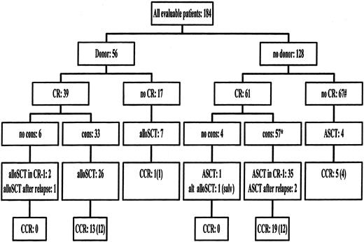 Fig. 1. Flow chart of treatment administered according to the availability of an HLA-identical sibling donor. / * indicates 1 alternative donor alloSCT in CR-1. # indicates 6 alternative donor alloSCT as salvage. CR indicates complete remission; no cons, no consolidation course received; alloSCT, allogeneic stem cell transplantation; ASCT, autologous stem cell transplantation; alt AlloSCT, alternative donor (mismatched family donors or unrelated donors) alloSCT; salv, salvage therapy; CCR, patients alive in continuous complete remission; between brackets, CCR after transplantation.