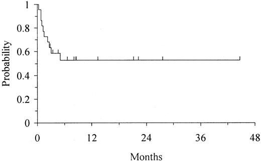 Fig. 3. Kaplan-Meier estimate of DFS in 22 adults undergoing UD-CBT. / The expected DFS at 1 year was 53% (95% CI, 31%-75%).