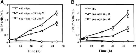 Fig. 8. Active PKCs are required for HS1 and HS2 cell proliferation. / 663 HS1 cells (A) and 606 HS2 cells (B) were treated or not treated with 10 μM or 20 μM of the PKC inhibitor GF 109203X (GF) for the indicated times. The means and standard deviations were determined from 3 experiments.