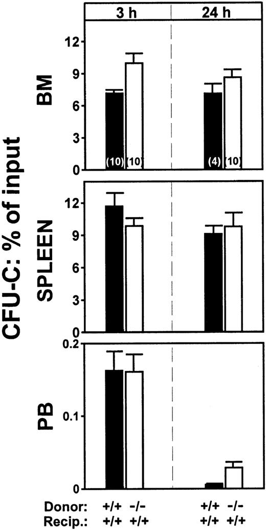 Fig. 1. Homing patterns of CD18−/− or of double-positive BM cells transplanted into double-positive irradiated recipient animals. / The CFU-Cs lodged in BM or spleen or present in peripheral blood at 3 and 24 hours after injection are plotted as percent of the injected CFU-C inoculum. (P ≥ .05, for all combinations.) The total number of mice used for each value is indicated by a number within each column and the results of 2 independent experiments are pooled.