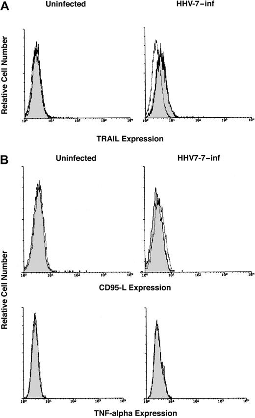 Fig. 2. Surface expression of DIL analyzed in uninfected and HHV-7–infected SupT1 cells by immunofluorescence staining revealed by flow cytometry. / Representative analysis of surface TRAIL (A), CD95L, and TNF-α (B) performed 8 days after infection is shown. Control (unshadowed) histograms represent the background fluorescence obtained from the staining of the same cultures with an isotype-matched control mAb. On the left side of panel A and in all of panel B, the unshadowed histograms are not visible because they are completely overlapped by the shadowed histograms. In panel A, a shift of the shadowed histogram along the x-axis illustrates the increased level of TRAIL expression in HHV-7–infected cultures. Data shown are from a single experiment representative of 5 independent experiments with similar results.