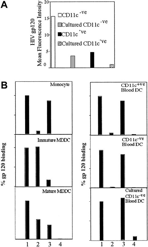 Fig. 7. Binding of gp120 on several DC subsets. / (A) Relative gp120 binding levels within blood DC subsets. Blood DCs were freshly isolated as outlined in “Materials and methods.” The b-gp120 (Leu3a) was added and then incubated and detected as outlined in Figure 1A. Cultured blood DCs were incubated as outlined in Figure 6. Blood DC subsets were further analyzed by CD11c staining after b-gp120 staining. (B) Inhibition of gp120 binding by anti-CD4 (Leu3a) and mannan to MDDCs and blood DCs. Inhibitors were preincubated with blood DCs as follows: (1) No inhibitors, (2) CD4 (Leu3a) (10 μg/mL), (3) mannan (5 mg/mL), and (4) dual mannan/Leu3a were preincubated with blood DCs. The b-gp120 was added as outlined in Figure 1A and DC subsets analyzed for gp120 binding after CD11c staining.