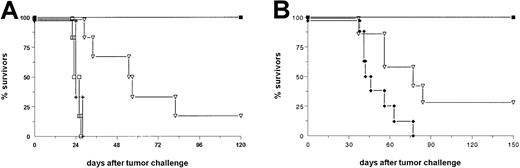 Fig. 2. The bsAb BiLu reveals high antitumor activity in vivo in 2 different syngeneic tumor models. / (A) C57BL/6 mice (n = 6) received 5 × 103B16-EpCAM cells intraperitoneally on day 0. BsAb treatment was started with 2.5 μg on day 2 and continued with 1 μg each on days 4 and 7 (▪). The group that received parental antibodies (▿) (n = 6) was treated with a combination of the 2 monospecific antibodies C215 (antihuman EpCAM) and 17A2 (antimurine CD3). The control group (+) (n = 6) received no antibody. To clarify the antigen dependency of the treatment one group of mice (■) (n = 6) was challenged with 5 × 103 untransfected B16 cells and injected with bsAb as indicated above. Experiments were repeated 3 times with similar results. (B) BALB/c mice were challenged with 2 × 106A20-EpCAM cells intravenously followed by intraperitoneal injection of 4 μg bsAb (▪) (n = 12) or bsF(ab′)2 (♦) (n = 8) 3 hours later. Again, a control group with parental antibodies (▿) (n = 7) was included, and data were confirmed by another independent experiment.