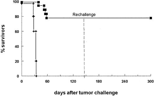 Fig. 3. BsAb-treated mice develop long-lasting antitumor protection. / The survival of mice is shown after donation of 5 × 103B16-EpCAM cells intraperitoneally on day 0 followed by the application of 10 μg bsAb BiLu (▪) on day 2 and another 5 μg on days 4 and 7. The control group received no antibody (+). Mice surviving the first tumor challenge (14 of 18 mice) were rechallenged on day 144 with a minimal lethal dose of 750 B16-EpCAM cells intraperitoneally. This time no bsAb treatment was performed. Whereas all control mice (n = 5) developed a tumor (not shown), mice pretreated with the bsAb BiLu successfully rejected the second tumor challenge. The experiment was repeated twice with similar results.