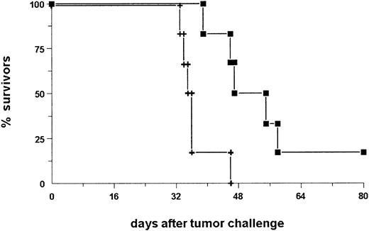 Fig. 8. Adoptive transfer of immune serum into naive BALB/c mice significantly delays tumor growth (P = .018). / Sera taken from mice 6 weeks after immunization with bsAb BiLu (▪) and irradiated tumor cells were pooled and transferred (300 μL) together with 3 × 105 viable A20 cells intravenously into naive BALB/c mice. The control group (+) received serum of naive, untreated mice in combination with tumor cells.