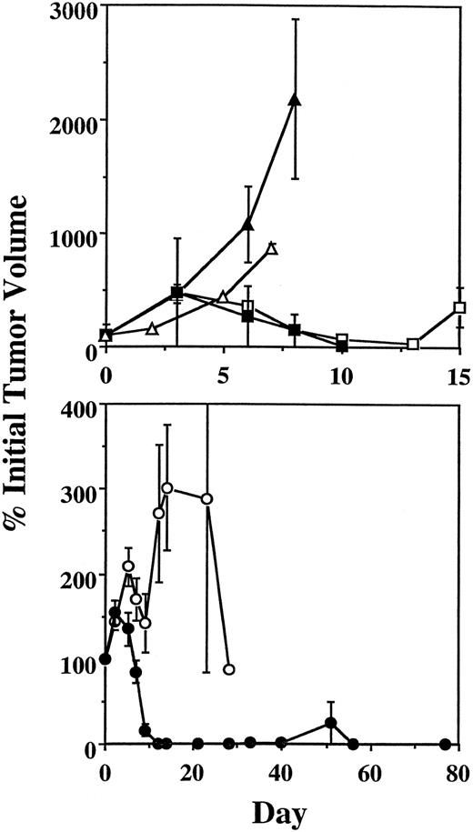 Fig. 5. Regression of lymphoma xenografts after conventional or pretargeted RIT. / (A) Conventional RIT. Six- to 10-week-old BALB/c nude mice bearing Ramos lymphoma xenografts were injected intraperitoneally with either 800 μCi 90Y-biotin alone (▵), 1.4 nmol control conjugate NR-LU-10-SA, followed 24 hours later by 5.8 nmol CA and 3 hours after that with 800 μCi 90Y-DOTA-biotin (▴), or with 1.4 nmol directly radiolabeled 90Y-DOTA-1F5 labeled with either 200 μCi (■) or 400 μCi of 90Y (▪). (B) Pretargeted RIT. Six- to 10-week-old BALB/c nude mice bearing Ramos lymphoma xenografts were injected intraperitoneally with 1.4 nmol anti-CD20 immunoconjugate 1F5-SA, followed 24 hours later by 5.8 nmol CA, and 3 hours after that with either 400 μCi (○) or 800 μCi (●) 90Y-DOTA-biotin. Notice the differences in the scales of both the tumor size and the time axes between panels A and B.