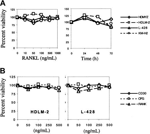 Fig. 4. Effect of RANKL on the survival of H/RS cell lines. / (A) H/RS cells were incubated with increasing concentrations of RANKL for 24 hours (left panel), or they were treated with 1 μg/mL RANKL for 24, 48, or 72 hours (right panel). RANKL had no significant effect on cell survival or proliferation. (B) Effect of endogenous RANKL on the survival of H/RS cell lines. H/RS cell lines were incubated with increasing concentrations of soluble RANK, OPG, or CD30 receptors for 24 or 48 hours. The 2 cell lines that expressed high levels of RANK were examined, HDLM-2 (left panel) and L-428 (right panel). Blocking the interaction between endogenous RANKL and its receptor did not have a significant effect on the survival of these cell lines. Data shown represent average results of 3 independent experiments. No differences were observed when cells were incubated with soluble receptors for 24 or 48 hours. Soluble CD30 was used as the control because these cell lines do not express CD30L.