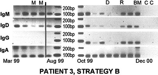 Fig. 4. Persistent presence of nonclinical isotypes during treatment, in mobilized autografts, and after transplantation. / Patient 3 was diagnosed in February 1999 and followed until December 2000. He was treated with 4 cycles of combination chemotherapy, followed by high-dose melphalan and autologous blood stem cell support in July 1999. His disease was stable until May 2000, when his serum M protein began to rise. He was treated with dexamethasone from June 2000 until December 2000. He had a transient response to therapy, followed by progression in November 2000. Thalidomide was added in December 2000. The clinical isotype was IgA. Some samples were weakly positive for clinical isotype in strategy A (not shown) and strongly positive for rearranged IgH VDJ in strategy D (not shown), supporting the suggestion that strategy D is considerably more sensitive than strategy A. Nonclinical isotypes were weakly detectable using strategy A but were readily apparent using strategy B as shown. All samples to the right of the vertical line were postautologous transplantation. D, response to dexamethasone therapy. Other abbreviations are as for Figures 2 and 3.