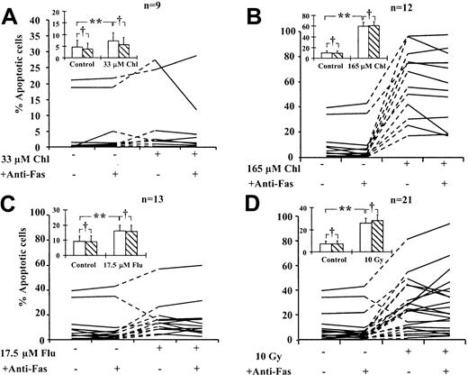 Fig. 4. Action of anti-Fas IgM on apoptosis induction in B-CLL cells. / B-CLL cells were treated with cytotoxic agents in the presence or absence of 50 ng/mL anti-Fas IgM as indicated. Percentage of apoptotic cells was determined by morphologic criteria. Lines connect data points obtained using individual B-CLL isolates. Standard errors of individual determinations were less than 10% of the mean values reported. Mean data for all isolates (inset). No anti-Fas IgM (open bars). Plus anti-Fas IgM (hatched bars). Bars represent standard errors of the means. Data were analyzed by Student t test. Percentages of apoptotic cells in drug-treated or irradiated samples were compared with those of corresponding controls (**P < .05). For each incubation condition, percentage apoptotic cells in the presence of anti-Fas were also compared with the corresponding percentages in the absence of anti-Fas (†P > .05).