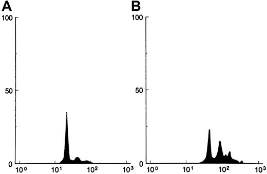 Fig. 2. Histogram of megakaryocyte ploidy by flow cytometry from a representative experiment. / The horizontal axis represents the intensity of fluorescence from propidium iodide expressed in a logarithmic scale, and the vertical axis represents the number of CD41+ cells. (A) Histogram from cultures without IL-2. (B) Histogram from cultures with IL-2 (2 ng/mL). In this experiment, the ploidy distribution in 2N, 4N, 8N, and more than 8N was 77%, 15%, 6.5%, and 1.5%, respectively, for panel A and 38%, 33%, 22%, and 7%, respectively, for panel B.