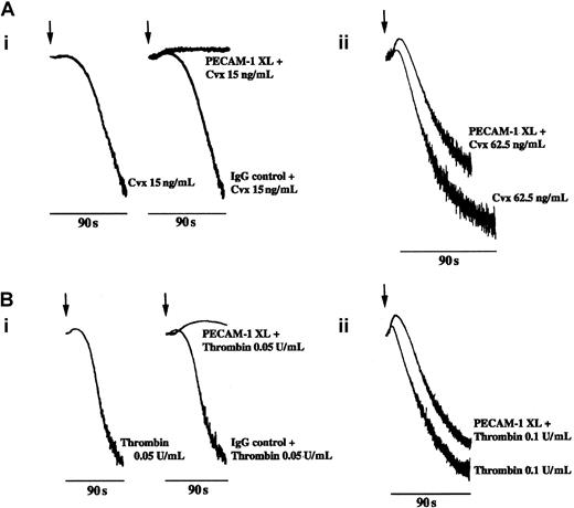 Fig. 2. PECAM-1 cross-linking inhibits GPVI- and thrombin receptor–stimulated platelet aggregation. / (A) Platelets were stimulated with Cvx at (i) 15 ng/mL and (ii) 62.5 ng/mL with and without first cross-linking PECAM-1, and aggregation responses were monitored by optical aggregation (arrow indicates the addition of Cvx). (B) Platelets were stimulated with thrombin at (i) 0.05 U/mL and (ii) 0.1U/mL with and without prior cross-linking of PECAM-1 (as described in “Materials and methods”). Platelet aggregation was monitored by optical aggregometry (arrow indicates the addition of thrombin). Treatment of platelets with isotype-matched control IgG before stimulation with Cvx (15 ng/mL) and thrombin (0.05 U/mL) is shown in A(i) and B(i), respectively. Data are representative of 3 separate experiments. PECAM-1 XL, PECAM-1 cross-linking.