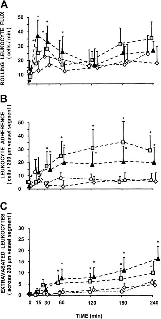 Fig. 1. Effect of iTCC on leukocyte trafficking in rat mesenteric postcapillary venules. / Traffic of leukocytes was monitored at various time intervals in response to the following stimuli: iTCC (1.5 × 10−8 M; ▴), C5a (10−7 M; ░), boiled iTCC (1.5 × 10−8 M; ○), and control saline (⋄). Measurements were performed on 4 to 6 different segments of unbranched venules (25- to 40-μm diameter, 200-μm length). (A) Values of rolling leukocyte flux defined as number of cells that become visible as bright spheres if they travel inside the venules more slowly than red blood cells. (B) Numbers of leukocytes stably adherent to the same site of postcapillary vascular endothelium of rat mesentery for at least 30 seconds. (C) Numbers of cells that migrated to the extravascular space up to 100 μm away from the vessel wall, in parallel with 200-μm vessel segments. *P < .01 versus control.