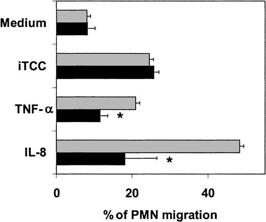 Fig. 9. Effect of anti–IL-8 antibodies on PMN migration across HUVECs induced by iTCC. / Cells were incubated with iTCC (5 nM), TNF-α (1.5 × 103U/mL), or IL-8 (10−8 M) either alone (░) or mixed with affinity-purified rabbit antibodies to IL-8 (10 μg/mL) (▪). PMNs were introduced into the upper chamber, and the percentage of migrated PMNs was evaluated after an incubation of 30 minutes. Values are means ± SD of triplicate determinations of 4 separate experiments. *P < .01 versus response of HUVECs to the various stimuli in the absence of anti–IL-8.