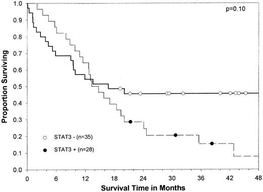 Fig. 3. Kaplan-Meier overall survival curve by constitutive STAT3 activity for 63 AML patients. / Circles indicate censored patients. (●), patients whose blasts had constitutive STAT3 activity. (○), patients whose blasts did not have constitutive STAT3 activity. Of note, 2 patients whose blasts did not have constitutive STAT3 activity survived for more than 5 years.