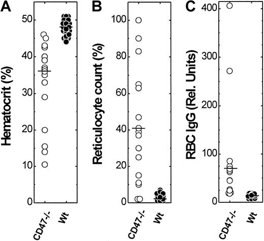 Fig. 2. Hematocrit, reticulocyte count, and relative amount of anti-RBC IgG in CD47−/− and wild-type (CD47+) NOD mice. / A cohort of CD47−/− (n = 18) and wild-type (CD47+/+ or CD47+/−; n = 44) NOD mice, at 194.4 ± 38.4 (CD47−/−) and 206.1 ± 43.6 (CD47+/+ and CD47+/−) days of age was studied. The median hematocrit, reticulocyte counts, and anti-RBC IgG levels are indicated in the figure by a horizontal bar.