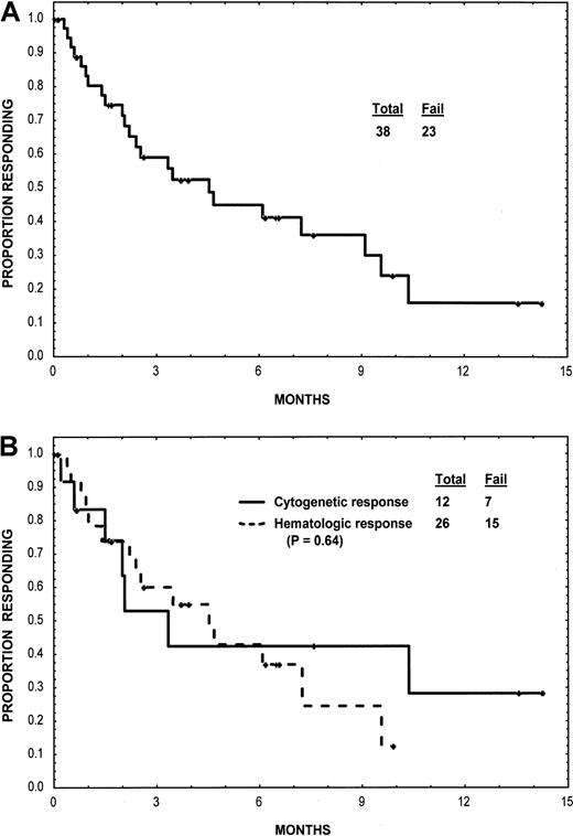 Fig. 1. Duration of response. / (A) Response duration for the group as a whole. (B) Response duration according to the type of response (cytogenetic or hematologic).
