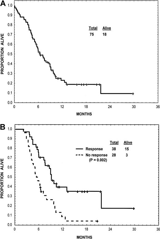 Fig. 2. Survival. / Survival is shown for the group as a whole (panel A) and according to type of response (panel B). Landmark analysis was dated at 8 weeks into therapy and excluded deaths that had taken place between the initiation of therapy and that 8-week point.