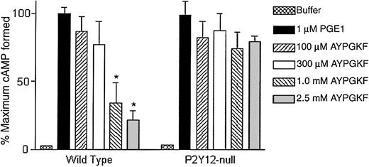 Fig. 3. AYPGKF-induced inhibition of adenylyl cyclase in P2Y12-deficient mouse platelets. / Effect of varying concentrations of AYPGKF on PGE1-stimulated cAMP levels in platelets from mice deficient in the P2Y12 receptor were determined and compared with wild-type mouse platelets. The data are derived from at least 3 independent experiments. Each data point is the mean ± SE of 3 experiments. *P < .05 by Student t test when compared with the value of PGE1.