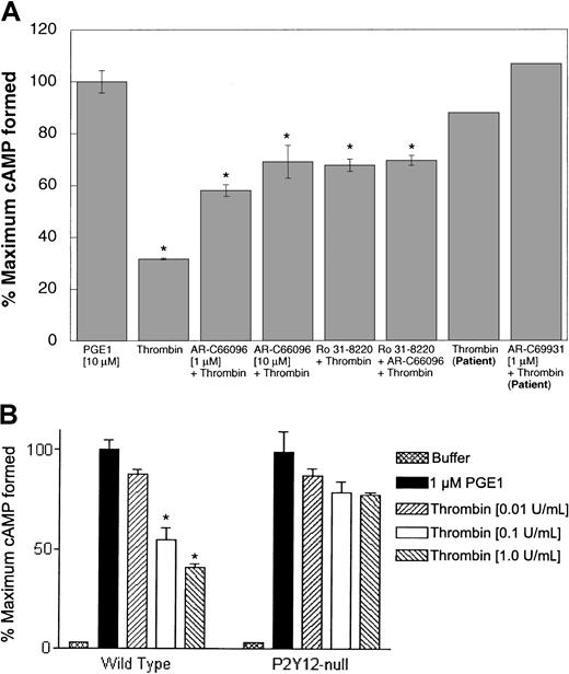 Fig. 4. Role of secreted ADP in thrombin-induced Gisignaling. / Effect of α-thrombin (0.5 U/mL) on 10 μM PGE1-stimulated cAMP levels was determined (A) in the presence or absence of Ro 31-8220 (10 μM) and/or AR-C compound in human platelets (as indicated) in normal platelets or in P2Y12-deficient patient platelets (as marked) and (B) in platelets from mice lacking the P2Y12 receptor and wild-type mice. Each data point is the mean ± SE of at least 3 experiments. The experiments with human platelets were repeated at least 3 times using platelets from different donors. *P < .05 by Student t test when compared with the value of PGE1. The experiments with the patient platelets were carried out only once due to problems with the patient's health.