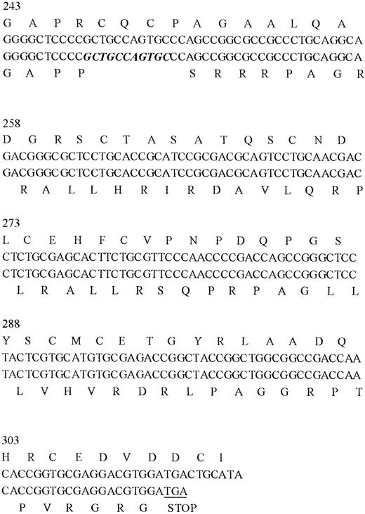 Fig. 3. The effect of mutation TM del791-801 on the TM protein sequence. / The normal sequence is at the top and the mutated sequence at the bottom of the rows. The unspaced sequence represents the nucleotides and the spaced one represents the amino acid translation. The deleted nucleotides are in bold italics and the new stop codon is underlined. The numbers at the top of each block indicate the amino acid position (numbering as in the mature protein).