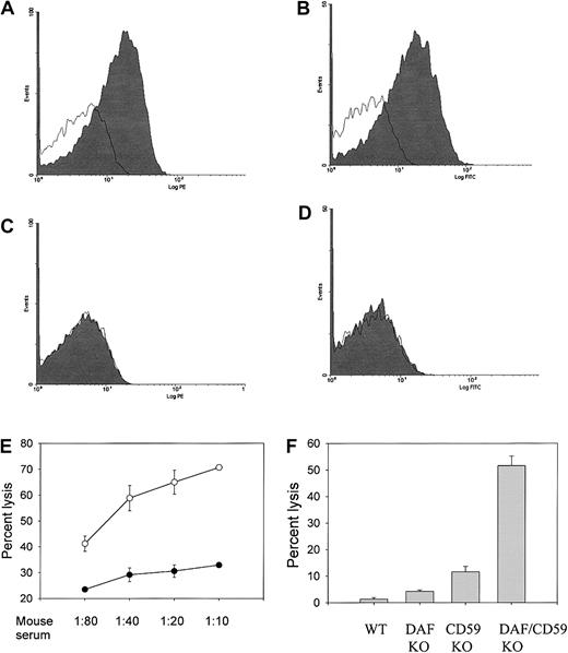 Fig. 4. Synergistic protection of mouse erythrocytes by CD59a and DAF from induced complement activation and lysis. / (A-D) FACS analysis showing that CD59a (panels A,C) and DAF (panels B,D) are not present on the double-knockout mouse erythrocytes (panels C-D) but are present on wild-type mouse erythrocytes (panels A-B). Open areas indicate control staining with secondary antibodies only. (E) CD59a/DAF double-knockout mouse erythrocytes (open circles) were much more sensitive than CD59a knockout erythrocytes (filled circles) to antibody-induced complement lysis by MAC assembled from human C5b-7 and mouse C8/C9 (n = 3 mice for each group; P < .01 for all serum dilutions, Student t test). Experimental conditions were the same as in Figure 3A. (F) CD59a/DAF double-knockout mouse erythrocytes were much more sensitive than either DAF knockout or CD59a knockout mouse erythrocytes to antibody-induced complement lysis by rat complement (n = 4 for each group; P < .001 between double-knockout and DAF or CD59a knockout mice, Studentt test). Experimental conditions were the same as in Figure 3B. Lysis data are representative of 3 different experiments.