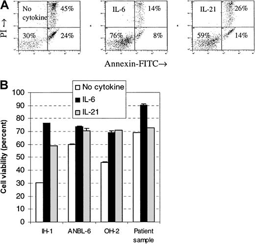 Fig. 3. IL-21 protected myeloma cells from apoptosis. / Annexin V–FITC and propidium iodide binding were measured by flow cytometry in cell lines IH-1, OH-2, and ANBL-6 after incubation for 72 hours with IL-21 (20 ng/mL) or IL-6 (1 ng/mL). Typical dot plots for the cell line IH-1 are shown in the upper panel. Percentages of viable cells, located in the lower left quadrant of dot plots, are shown in the lower panel. A patient sample (patient 5 in Table 1) is included in the lower panel. Data shown are representative of 3 different experiments, and error bars represent ± 1 SD of duplicate data.
