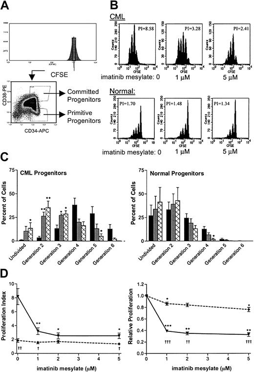 Fig. 6. Proliferation of CML primitive progenitors is suppressed in cells exposed to imatinib mesylate. / Cell division in the presence of imatinib mesylate was measured for CML and normal progenitors by analysis using the fluorescent tracking dye CFSE. (A) Immunomagnetically purified CD34+ cells were uniformly labeled with CFSE and sorted for a narrow band (40 channels) of fluorescence (upper panel). The labeled cells were also sorted for CD34 and CD38 expression to yield subsets of primitive (CD34+CD38dim) and committed (CD34+CD38+) progenitors. (B) After a 96-hour exposure to imatinib mesylate (0, 1, or 5 μM), cells were analyzed by FACS for CFSE fluorescence. Representative data are shown for CML and normal primitive progenitors. The calculated PI for each plot is indicated. (C) The percentage of cells in each generation, as determined by computer fitting of the data, is summarized for CML and normal primitive progenitors. Data are shown as the mean ± SEM results from 4 independent experiments (n = 3 for CML progenitors exposed to 5 μM imatinib mesylate). Data shown are for cells not exposed to imatinib mesylate (▪), cells exposed to 1 μM imatinib mesylate (░), and cells exposed to 5 μM imatinib mesylate (⊠). Significant changes in the percentage of cells in any generation in response to imatinib mesylate exposure are indicated (2 asterisks, P < .01; and 1 asterisk,P < 0.05). (D) The PI for CML (—▾—) and normal (- - ♦ - -) samples is shown as a function of the imatinib mesylate concentration. Data shown in the left panel are the mean PI ± SEM values for primitive progenitors (n = 4). The same data after normalization to the PI in the absence of imatinib mesylate are shown in the right panel. Significant changes in the PI in response to imatinib mesylate exposure are indicated (3 asterisks,P < .001; 2 asterisks, P < .01; and 1 asterisk,P < .05). Concentrations of imatinib mesylate at which CML results differed significantly from normal results are indicated with daggers below the curve (3 daggers, P < .001; 2 daggers, P < .01; and 1 dagger,P < 0.05).