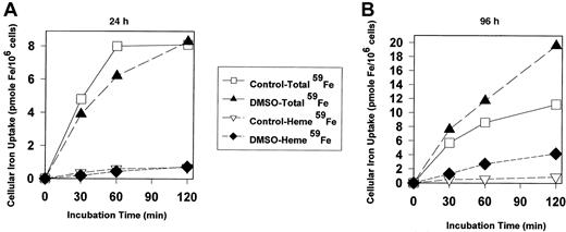 Fig. 1. Effect of inducing erythroid differentiation in Friend 707 cells on59Fe uptake and 59Fe incorporation into heme. / Cells were incubated with DMSO for 24 hours (A) or 96 hours (B). Cells were incubated in the presence and absence of 1.5% DMSO for 24 hours or 96 hours at 37°C. After this incubation the cells were then labeled with 59Fe-transferrin (10 μM) for incubations of 1 to 120 minutes at 37°C. The uptake of cellular 59Fe and its incorporation into heme were measured using standard techniques (see “Materials and methods” for details). The results are means of duplicate determinations in a typical experiment from 3 experiments performed.