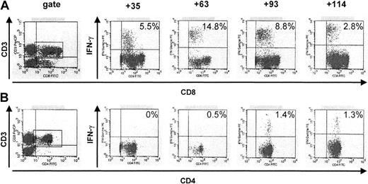 Fig. 1. Reconstitution of HCMV-specific CD8+ and CD4+ T cells in a patient after allogeneic transplantation of stem cells from a matched unrelated donor and reduced conditioning therapy. / Peptide-specific CD8+ and protein-specific CD4+T cells were analyzed by intracellular IFN-γ staining with flow cytometry after specific stimulation. The data show a massive initial expansion of HCMV-peptide–specific, HLA-A*0101–restricted CTLs, and later, of protein-specific CD4+ T cells in patient 14, who received a transplant from a matched unrelated donor after reduced conditioning treatment. A maximum of 14.8% of all CD8+ T cells were directed against a single HCMV peptide on day 63 after STC. Numbers represent the percentage of IFN-γ–producing CD3+CD8+ and CD3+CD4+cells in the lymphocyte gate.