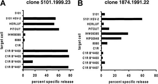 Fig. 1. Cross-reactivity between A*0201+viral peptide and allogeneic cells. / VP13/14-specific CD8 CTL clones derived from genital HSV-2 lesions were used as effector cells against EBV-LCL targets. Target cells from patient 5101 only were tested after infection with HSV-2. Results are representative of at least 2 experiments for each effector and target cell combination.