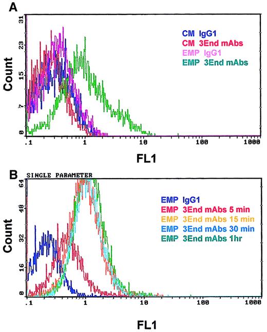 Fig. 4. Kinetics of EMP binding to THP-1 cells. / THP-1 cells were incubated with EMP (50:1 EMP–THP-1 ratio) and were analyzed for the presence of endothelial antigens (VCAM-1, E-selectin, endoglin) by flow cytometry. (A) Representative fluorescence histograms showing 3End mAb-positive staining of THP-1 cells incubated with EMPs for 15 minutes (EMP 3End mAbs) compared with controls. THP-1 cells incubated with control medium stained with isotype control (CM IgG1) or 3End mAbs (CM 3End mAbs), and THP-1 cells incubated with EMP stained with isotype control (EMP IgG1). (B) Representative fluorescence histogram showing staining of THP-1 cells with 3End mAbs after incubation with EMP for 5 minutes, 15 minutes, 30 minutes, and 1 hour (EMP 3End mAbs 5 minutes, 15 minutes, 30 minutes, 1hour) compared with isotype control (EMP IgG1).