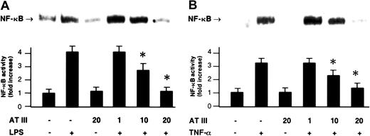 Fig. 1. Effect of AT III on NF-κB activation in monocytes and ECs. / Cells were either untreated or pretreated for 2 hours with the indicated concentrations of AT III, followed by a 1-hour stimulation with either LPS (monocytes; 10 μg/mL) (A) or TNF-α (ECs; 40 ng/mL) (B) in the presence and absence of AT III. Nuclear proteins from monocytes and ECs were analyzed by EMSA for binding to an oligonucleotide containing the NF-κB consensus sequence. Representative photographs of EMSA gels are shown in the upper panels. In the lower panels, a quantitation of the inhibiting effect of AT III on the agonist-induced binding activity is given. Band intensities corresponding to the NF-κB–DNA complexes were quantified by densitometric analysis using a Bio-Imaging analyzer. Values represent means ± SEM from 9 independent experiments (each cell type). *P < .01 versus stimulation in the absence of AT III.