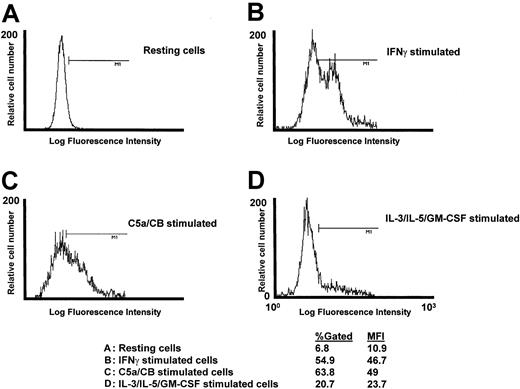 Fig. 4. Analysis of CD63 surface expression in agonist-stimulated eosinophils. / CD63 surface expression in agonist-stimulated purified peripheral blood eosinophils was examined using flow cytometry analysis. (A) CD63 surface expression on resting eosinophils, (B) CD63 surface expression on IFN-γ–stimulated eosinophils, (C) CD63 surface expression on C5a/CB-stimulated eosinophils, and (D) CD63 surface expression on IL-3/IL-5/GM-CSF–stimulated eosinophils.