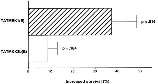 Fig. 4. MEK1(E) increases eosinophil survival after GM-CSF mRNA transfection. / Eosinophils were transduced for 2 hours with 10 nM MEK1(E) or MKK3b(E) and transfected with GM-CSF mRNA by using the Gene-Gun. One hour after transfection, the cell cultures were diluted by 10-fold (1 × 106 cells/mL), and the survival was determined 4 days later by trypan blue. The survival for transduced pbeos was compared with the nontransduced control and calculated as follows: (% survival with TatMKKinase/% survival with transfected but nontransduced cells) − 1 × 100. Data were analyzed by paired Student t test.