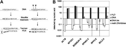 Fig. 4. Validation of measuring DNA methylation with real-time PCR. / Bisulfite treatment changes cytosine to uracil only if it is not methylated (A). Differences in methylation are thereby converted into differences in sequence that can be detected by quantitative real-time PCR. Because the bisulfite conversion itself is not quantitative, primers have to distinguish between converted and nonconverted DNA (examples shown in B). In addition, primers used as internal standards (ACTB and MYOD1; Eads et al26) have to be independent of methylation, whereas primers localized in CpG islands have to be methylation sensitive and should give no signal on DNA methylated with SSS1-methylase (B).