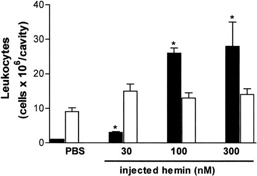 Fig. 1. Hemin induces rat neutrophil migration in vivo. / Hemin (30-300 nmol) was injected into the thoracic cavity of rats as described in “Materials and methods.” The control group received sterile PBS. Animals were killed 4 hours after injection, and total leukocytes in the pleural fluid were determined on Neubauer chambers. Differential counting of neutrophils (black bars) and mononuclear cells (white bars) was carried out on May-Grünwald-Giemsa–stained slides. Results are expressed as millions of cells per cavity. Each bar is the mean ± SD from at least 4 animals. *P < .01.