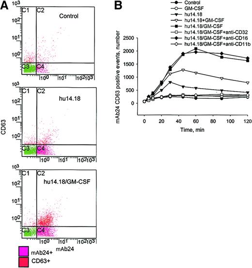 Fig. 7. Azurophil granule exocytosis by mAb24-positive PMN. / (A) PMNs were incubated with neuroblastoma cells alone (control), GM-CSF alone, hu14.18 with or without GM-CSF, hu14.18/GM-CSF, or hu14.18/GM-CSF with anti-CD32, anti-CD16, or anti-CD11b for 5 to 120 minutes. (A) In this example, the expression of CD63 and the β2-integrin activation epitope (mAb24+) was evaluated at 60 minutes. (B) mAb24+CD63+cells per 10 000 events at 5 to 120 minutes were quantified. Data are from 1 of 3 experiments that provided similar results.