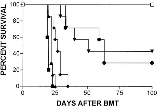 Fig. 6. CD4−CD8− splenocytes act synergistically with CD8 T cells to augment GVL effects in vivo. / Survival is shown for mice that received 500 EL4 cells and 5 × 106 TCD WT BALB/c BMCs along with 8.5 × 106 CD4-depleted (●; n = 7), 1.4 × 106 CD8+ (♦; n = 7), 7.1 × 106 TCD (▴; n = 7), or 1.4 × 106 CD8+ and 7.1 × 106TCD (▾; n = 7) WT BALB/c splenocytes. Syngeneic controls receiving 5 × 106 TCD B6 BMCs (■; n = 5) or 5 × 106 B6 BMC plus 500 EL4 cells (▪; n = 5) are indicated. FACS analysis revealed that CD4-depleted splenocytes contained 16.5% CD8+ and 83.5% CD4−CD8− cells, so the actual numbers of BALB/c CD8+ and CD4−CD8−splenocytes given to the recipients of 8.5 × 106CD4-depleted BALB/c splenocytes were 1.4 × 106 and 7.1 × 106, respectively.