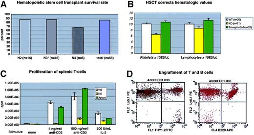 Fig. 2. Transplantation of normal hematopoietic cells corrects the WAS-null phenotype. / (A) Survival of C57/BL6J WAS-null mice after bone marrow transplantation. Transplant procedures were as described in “Study design.” N3 recipients included 3 “F1” N3 mice (progeny of N3×N3 matings). (B) Mean hematologic values in C57/BL6J WAS-null males (“KO”), WT littermates, and WAS−/C57/BL6J males 12 to 14 weeks after transplantation with WT (Ly5.1) marrow. The difference between WT and KO lymphocyte counts was significant atP = .03; all other differences between KO and either WT or transplantation groups were significant to P < .01. Error bars = 1 standard error. (C) Proliferation of primary splenic T-cell cultures after stimulation with immobilized anti-CD3 antibody or soluble human IL-2. Each assay was performed in triplicate. Error bars = 1 standard error. (D) Representative flow cytometry data from recipient peripheral blood lymphocytes at 14 weeks after transplantation, showing complete B-cell (B220+) Ly5.1 donor engraftment and a small amount (2.4% in this case) of residual Ly5.2 host-derived T cells (Thy 1.2+).