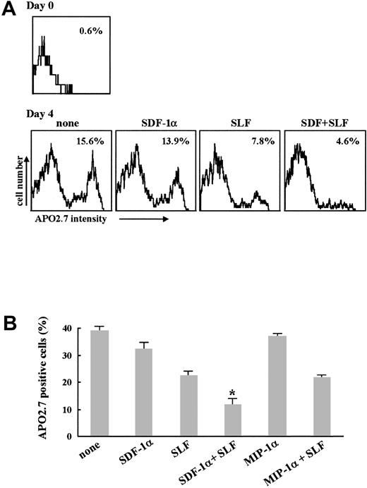 Fig. 9. Effect of SDF-1α on apoptosis induced by growth factor withdrawal. / Factor-starved CD34+ cells prepared from human bone marrow (A) or MO7e cells (B) were further incubated in serum-free media in the presence of either 100 ng/mL SDF-1α alone, 10 ng/mL SLF alone, or the combination of these 2 cytokines. After 4 days, cells were stained with PC-5–conjugated APO2.7 mAb and analyzed by flow cytometry. (A) Values in histogram represent percent of APO2.7+ cells. This is representative of 3 separate experiments. (B) Columns represent the average percent of APO2.7+ cells ± SD of 3 separate experiments. *P < .01 versus SLF alone.