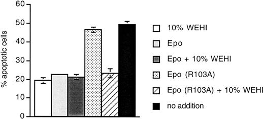 Fig. 5. Epo (R103A) does not induce apoptosis in 32D/EpoR cells. / 32D/EpoR cells (300 000 cells/well) were cultured in triplicate in 24-well plates. Cultures contained 10% WEHI-conditioned media (as a source of IL-3), Epo (15.5 ng/mL), or Epo (R103A) (1 μg/mL) as indicated. Cells were harvested 24 hours later and apoptosis was measured using flow cytometry to detect exposure of annexin V binding sites.