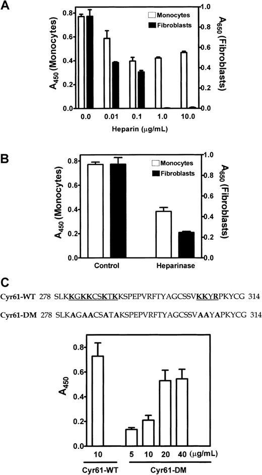 Fig. 7. Role of cell surface HSPGs in monocyte adhesion to Cyr61. / (A) Isolated monocytes (open bars) or 1064SK fibroblasts (closed bars) were preincubated with the indicated concentrations of heparin for 30 minutes at 37°C and added to wells coated with 10 μg/mL Cyr61. Cell adhesion proceeded for 20 minutes at 37°C. Adherent monocytes were quantified by measuring A450 in the acid phosphatase assay. Adherent fibroblasts were fixed, stained with 1% methylene blue, and the extracted dye was quantified by measuring A650. (B) Cells were pretreated with or without 2 U/mL heparinase I for 30 minutes at 37°C and allowed to adhere to Cyr61-coated wells for 20 minutes at 37°C. (C) Amino acid sequence of wild-type Cyr61 (Cyr61-WT) at residues 278-314 with the 2 heparin-binding motifs underlined. The Cyr61 mutant protein (Cyr61-DM) contains mutations in both motifs where basic residues were substituted with alanine as shown by the bold letters. ADP-activated monocytes were allowed to adhere to microtiter wells coated with the indicated concentrations of Cyr61-WT or Cyr61-DM. Data shown are means of triplicate determinations and error bars represent SEs. Figures are representative of 3 experiments.