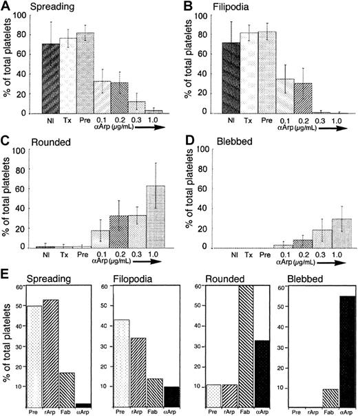 Fig. 4. Morphometric analysis of the effects of αArp2 on filopodia and lamellipodia and on morphology during spreading on glass. / (A-D) Effect of intact antibody on platelet spreading. Nl indicates untreated (n = 259 platelets); Tx, permeabilized only (n = 391); Pre, permeabilized and loaded with 1.0 μg/mL antibodies from preimmune serum from the same rabbit (n = 444); and 0.1, 0.2, 0.3, and 1.0, permeabilized and loaded with different concentrations of αArp2, in μg/mL, final concentration (n = 423, n = 385, n = 512, n = 609, respectively). (E) Effect of Fab fragments and rArp2 on platelet spreading. Platelets were permeabilized as in Figure3 and treated as follows: Pre indicates preimmune antibodies from the same rabbit (1μg/mL); rArp2, αArp2 and recombinant Arp2 protein (1 μg/mL and 5 μg/mL, respectively); Fab, Fab fragments of αArp2 (1 μg/mL); and αArp2, intact αArp2 antibody (1 μg/mL). Note that Fab fragments freeze 60% of the platelets in the rounded stage, whereas pretreatment of the antibody with rArp2 protein eliminates this effect. Blebbing was seen with intact antibody and with Fab fragments, though less frequently with Fab fragments.