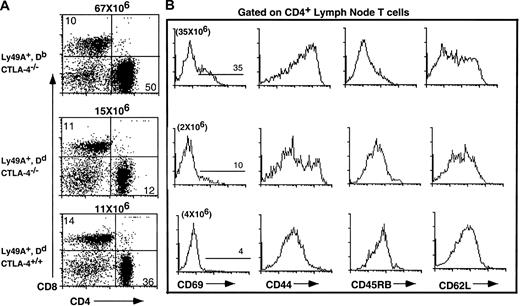 Fig. 2. Ly49A-mediated inhibitory signals upon interaction with H-2Dd prevent the activation of CD4+ T cells. / Representative flow cytometric analysis of CTLA-4−/− T cells from animals expressing the Ly49ATg in the presence and absence of the appropriate MHC class I compared to Ly49ATg−CTLA-4−/− mice and littermate controls (3 weeks of age). Lymph node cells were incubated with the antibodies indicated and analyzed by flow cytometry as described.22 (A) Total lymph node T cells were stained for CD4 and CD8. (B) The expression of the indicated activation/memory cell surface markers on the CD4+ lymph node T cells from Ly49ATg+Db CTLA-4−/−, Ly49ATg− H-2Dd CTLA-4−/− and littermate control mice. The Ly49ATg+DbCTLA-4−/− T cells have an activated phenotype similar to that observed in Ly49ATg− CTLA-4−/− mice (data not shown; see also Chambers et al5). These results are representative of more than 10 independent experiments.