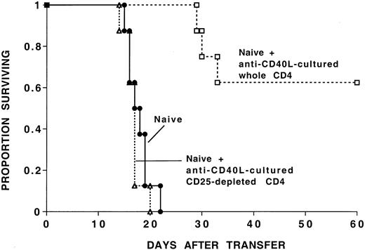 Fig. 8. CD4+ T cells depleted of CD25+cells do not acquire regulatory function via a 9-day MLR culture with anti-CD40L mAb. / For this experiment, 105 naive B6 CD4+ T cells alone or with 105 9-day MLR anti-CD40L–cultured whole or CD25-depleted CD4+ T cells were injected into sublethally irradiated bm12 recipients (n = 8 per group). On the x-axis are days after transfer of T cells. The y-axis presents the proportion of recipients surviving after transfer.