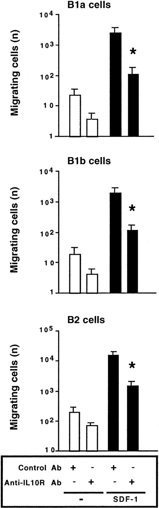 Fig. 6. Endogenous IL-10 is required for SDF-1–induced chemotaxis. / Peritoneal cells were labeled with CD19, CD5, and Mac-1 mAbs and tested in Transwell experiments for SDF-1–induced chemotaxis in the presence of an anti–IL-10R or a control Ab. Results (mean ± SEM from 4 experiments) are the numbers of cells migrating to the lower chamber. *P < .05 compared with cells migrating in the presence of SDF-1 and the control Ab.
