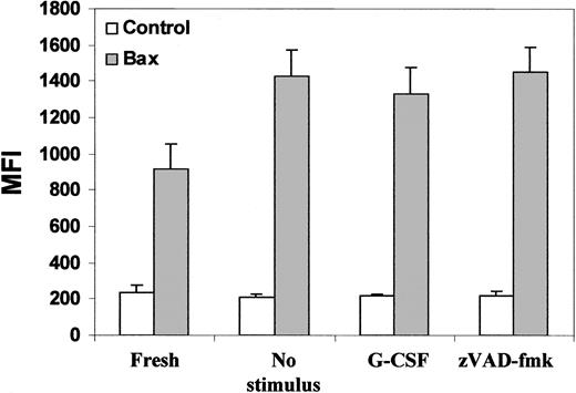 Fig. 5. Expression levels of Bax in PMNs. / PMNs were cultured as described in Figure 1. Then the cells were fixed, permeabilized, stained with antibodies specific for Bax or with isotype control antibodies (control bars), and analyzed by FACScan. After overnight culturing, the expression of Bax had slightly increased, but this change was not significant. Treatment of the cells with either G-CSF or with zVAD-fmk had no effect on Bax expression. Data represent means ± SEM of MFI from 6 independent experiments.