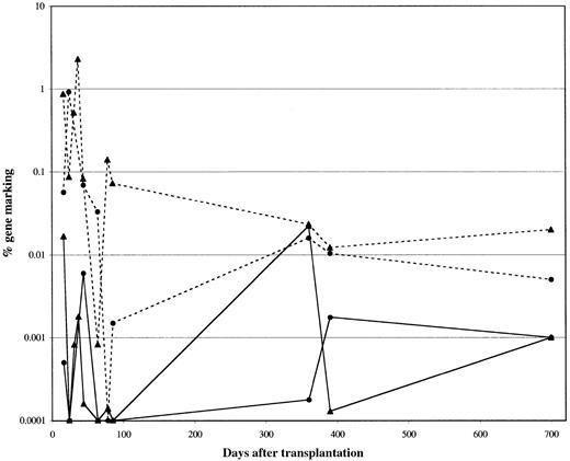 Fig. 2. Percentage of transduced cells measured in the peripheral blood. / The gene-marking levels in patient 1 were analyzed by PCR. The percentage of cells positive for the GP91phox transgene is represented by dashed lines, and the percentage positive for TdRev, by solid lines. Marking in myeloid cells is shown as circles and in T cells as triangles. Overall marking averaged about 0.01% for both vectors and in both lineages.