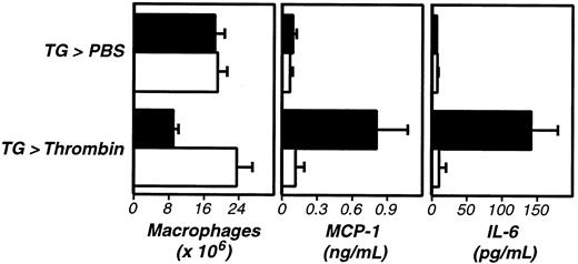 Fig. 5. Thrombin stimulates fibrinogen-dependent cytokine and chemokine production in vivo. / Four days after TG administration, wild-type (+/+, ▪) or fibrinogen-deficient (−/−, ■) mice received intraperitoneal injections of thrombin (20 U). Macrophage numbers in peritoneal exudates were determined after 5 hours (left panel). Thrombin-stimulated macrophage activation was fibrinogen dependent (P < .001). Examination of the exudate fluid by ELISA revealed that thrombin also stimulated increases in peritoneal levels of MCP-1 (middle panel, P < .005) and IL-6 (right panel,P < .001) that were fibrinogen dependent (P < .005 and P < .001, respectively). The data represent averages and standard deviations of 4 animals per group. We repeated this experiment twice.